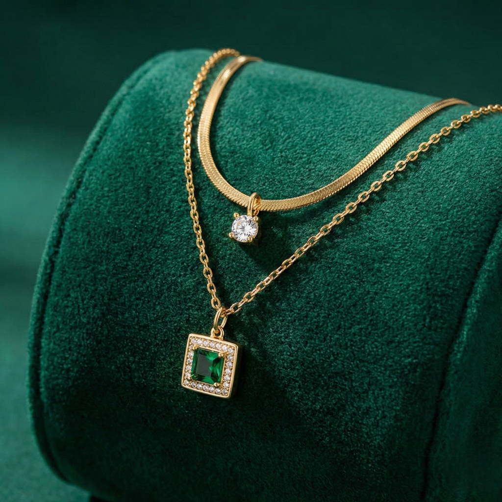 Luftli Layering-Halskette Gold mit Grünem Quadrat-Anhänger & Kristall – 38cm/42cm