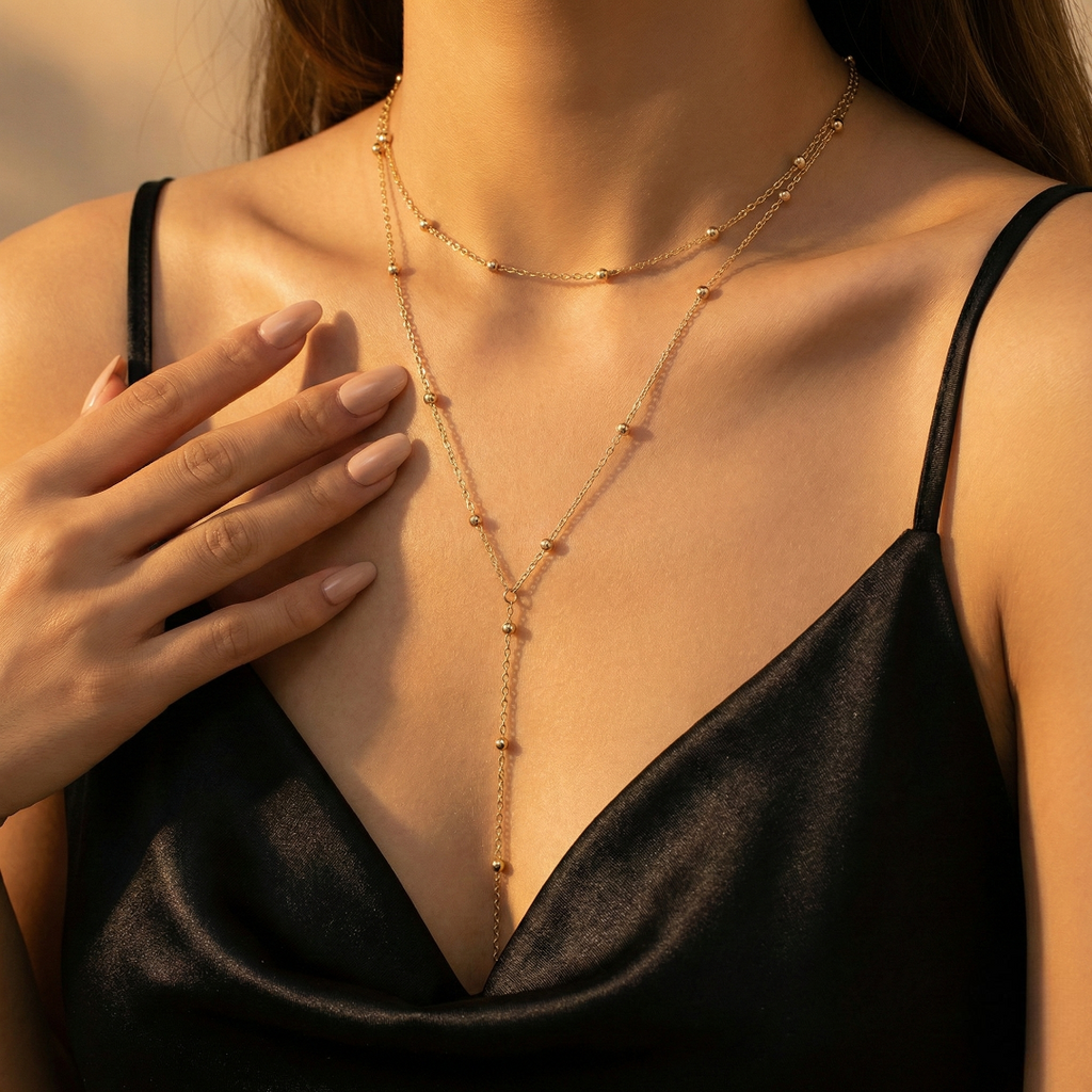 Luftli Layering Y-Halskette Gold mit feinen Kugeln (Satelliten-Kette) – 36cm + 15cm Drop