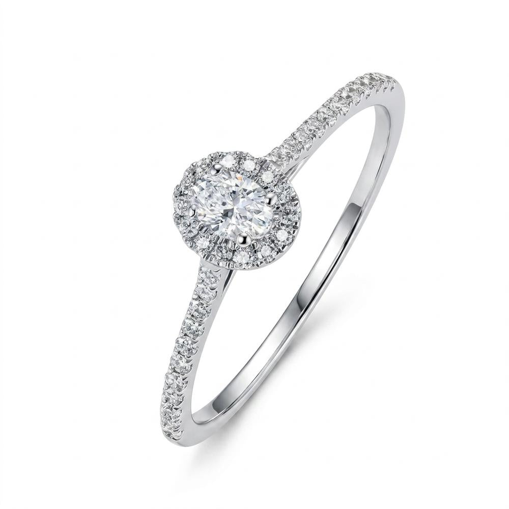 Solitär Ring 750/18 K Weissgold Diamant 0.15 ct, oval, w-si, Diamant 0.16 ct, 36 Steine, w-si - Ansicht 1