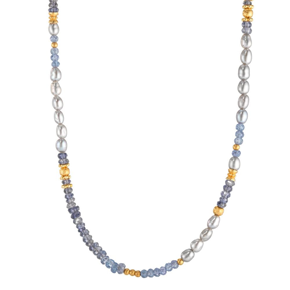 Collier Silber Tansanit, Iolith gelb vergoldet Süsswasserzuchtperlen Oval grau, 3 mm 42 cm - Ansicht 1