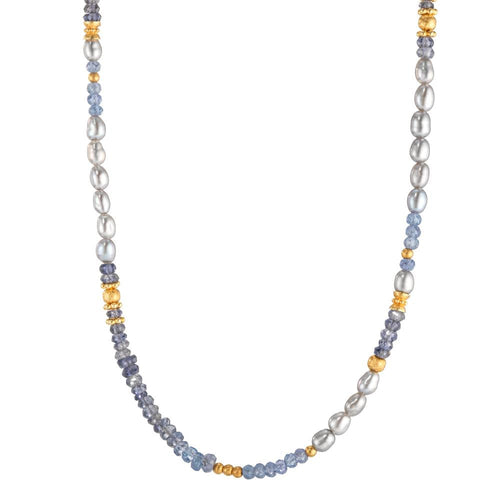 Collier Silber Tansanit, Iolith gelb vergoldet Süsswasserzuchtperlen Oval grau, 3 mm 42 cm - Ansicht 1