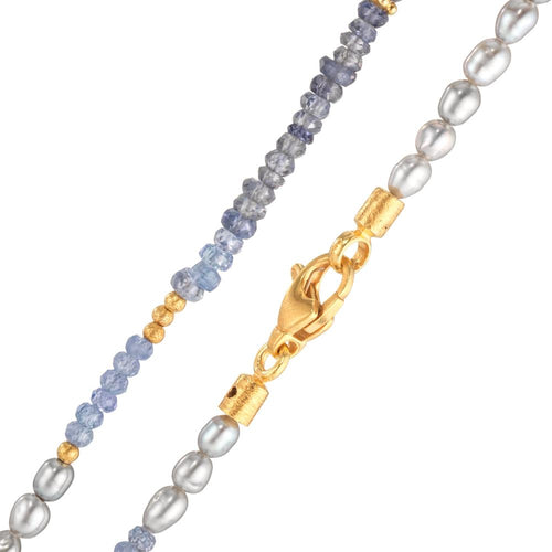 Collier Silber Tansanit, Iolith gelb vergoldet Süsswasserzuchtperlen Oval grau, 3 mm 42 cm - Ansicht 2