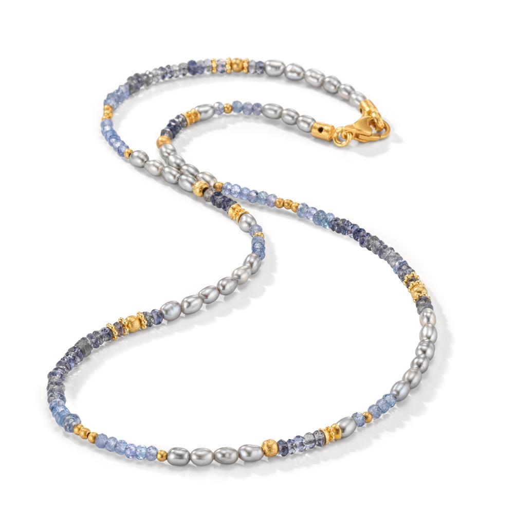 Collier Silber Tansanit, Iolith gelb vergoldet Süsswasserzuchtperlen Oval grau, 3 mm 42 cm - Ansicht 3