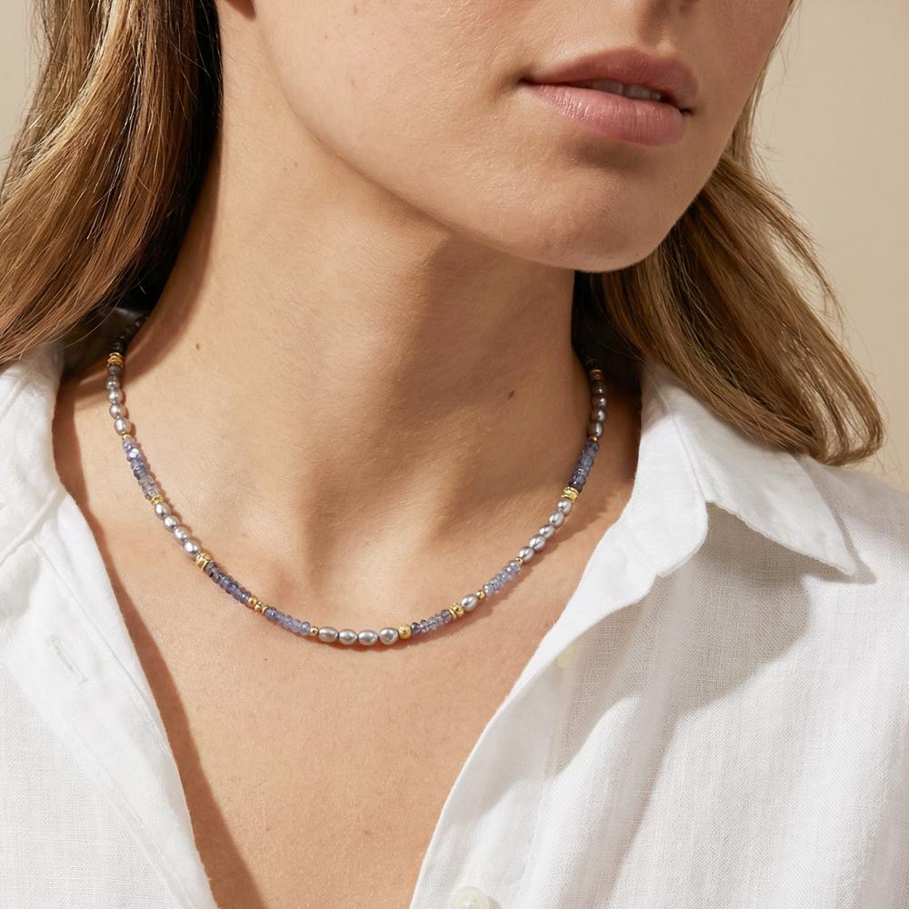 Collier Silber Tansanit, Iolith gelb vergoldet Süsswasserzuchtperlen Oval grau, 3 mm 42 cm - Ansicht 4
