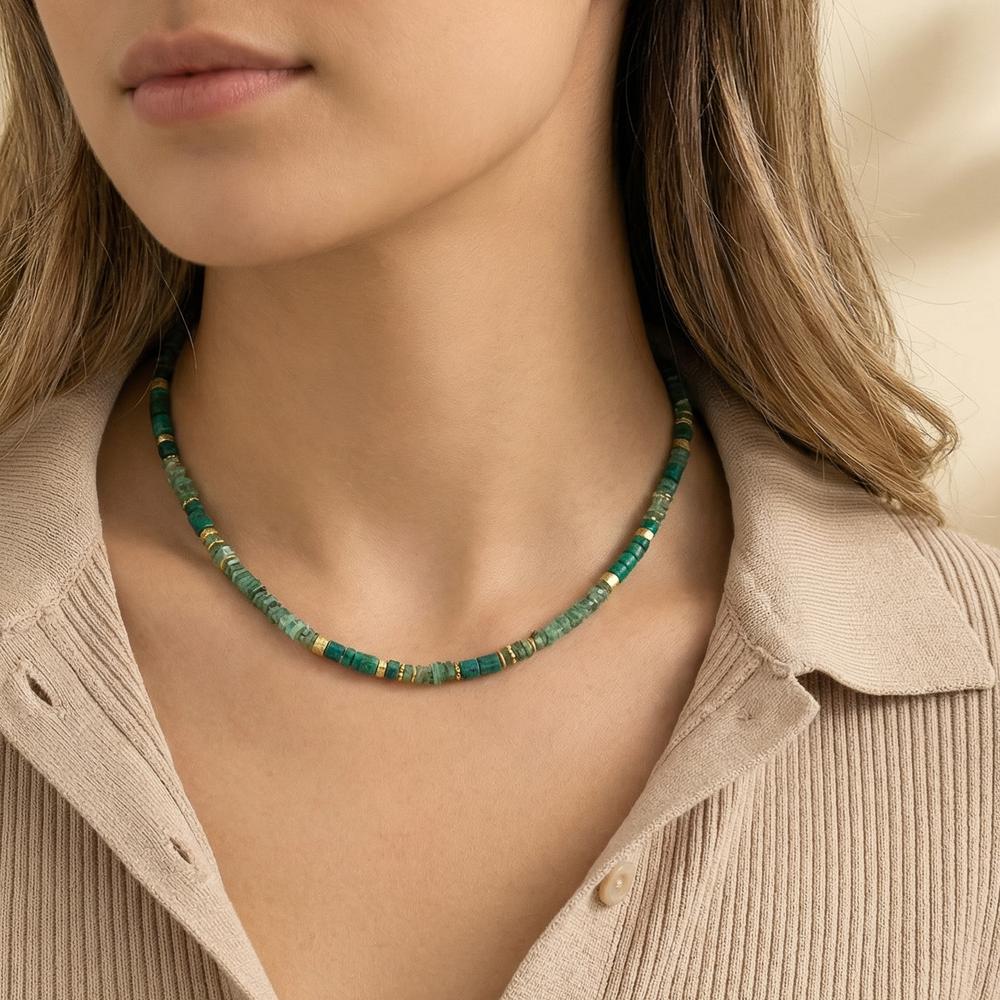Collier Silber Smaragd, Chrysokoll gelb vergoldet 45 cm - Ansicht 4