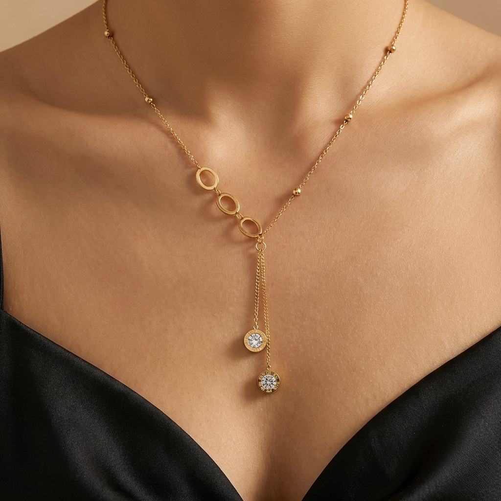 Luftli Asymmetrische Y-Halskette Gold mit Kristall-Anhängern & Römischen Zahlen – 40cm + 4cm